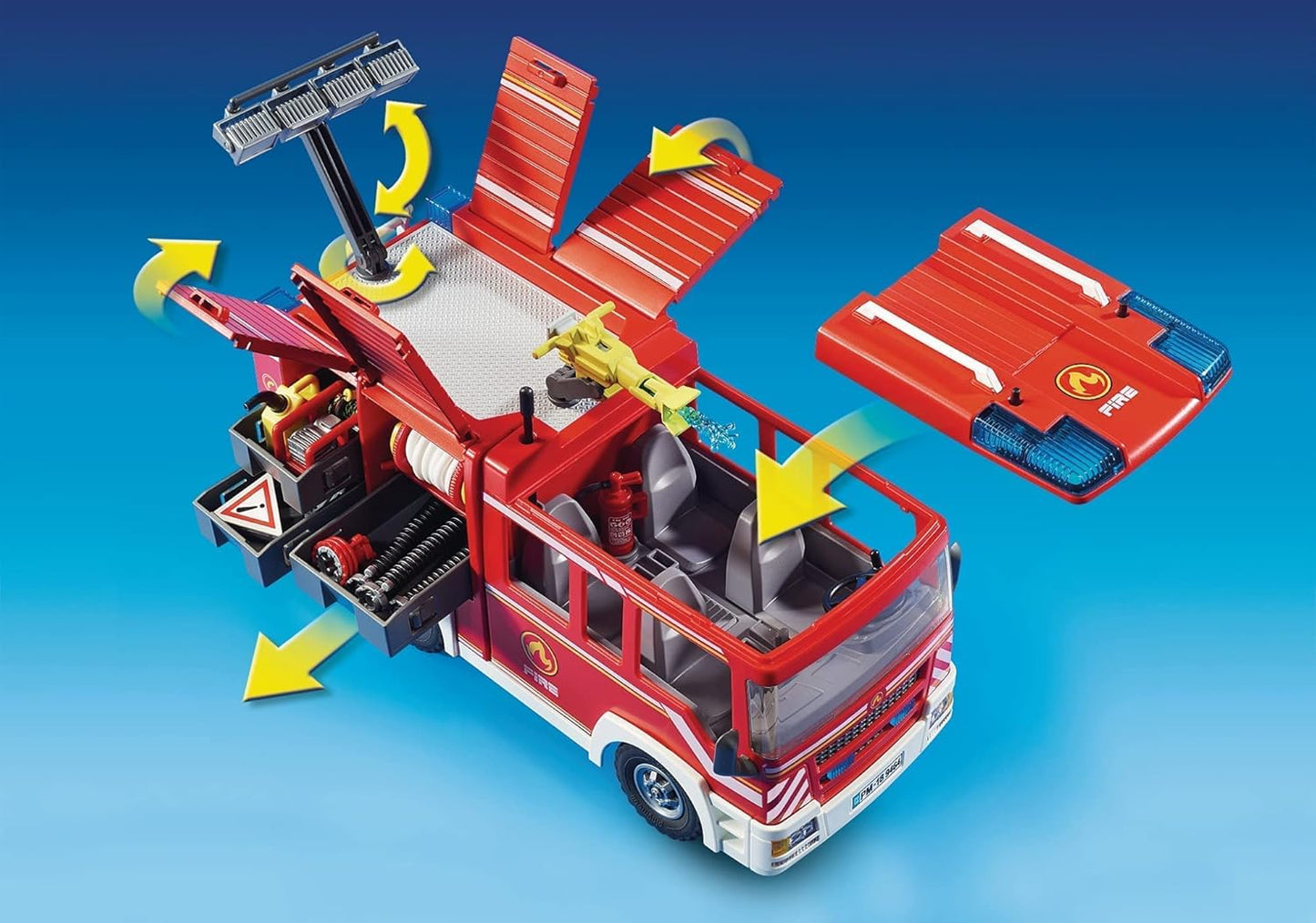 PlayMOBIL 9464 Caminhão de Bombeiros City Action com Canhão de Água Funcional, Bombeiro e Helicóptero - Brinquedo Divertido para Brincadeiras Imaginativas de Faz de Conta - Conjunto Adequado para Crianças a partir de 4 Anos.