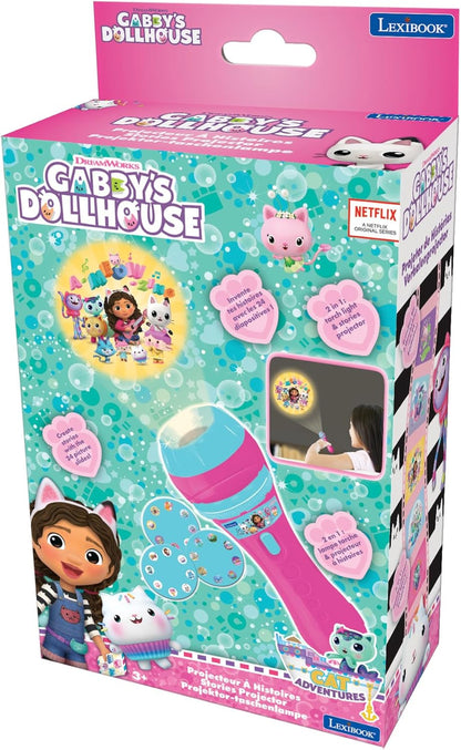 LEXIBOOK, Casa de Bonecas da Gabby, Projetor de histórias e lanterna, Projeta 24 imagens da série de TV Casa de Bonecas da Gabby com 3 discos, Rosa/azul, LTC050GDH