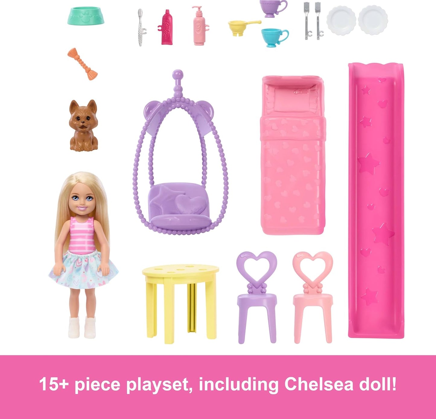 Barbie Casa de bonecas Chelsea com mais de 15 acessórios, casa pop-up que se expande para mais de 43 x 33 cm com 5 áreas de brincar e escorregador, inclui boneca pequena e cachorrinho de estimação, JFW49