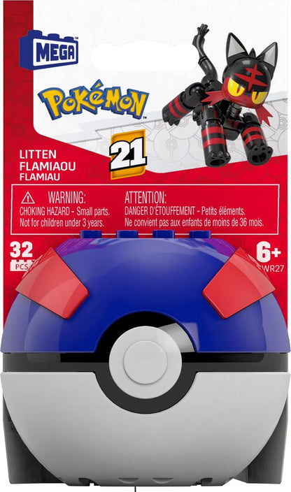 MEGA Kit de Montar Pokémon Litten com Pokébola e Figura de Ação Articulada (32 Peças) para Crianças