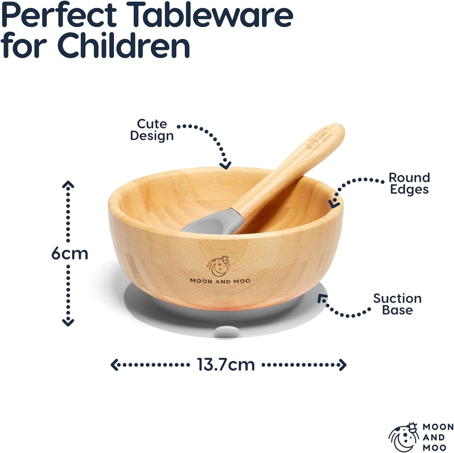 Moon and Moo Conjunto de tigela e colher de sucção de bambu para crianças, bebês e bebês desmamados - Não tóxico - Sem plástico - Fique no lugar - Tigela de sucção para bebês - Conjunto de desmame de bebês