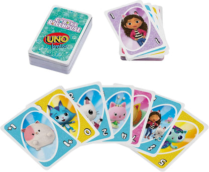 Mattel Games Jogo de cartas UNO Junior Gabby's Dollhouse da para festas infantis, noites em família, férias e viagens, JLH17