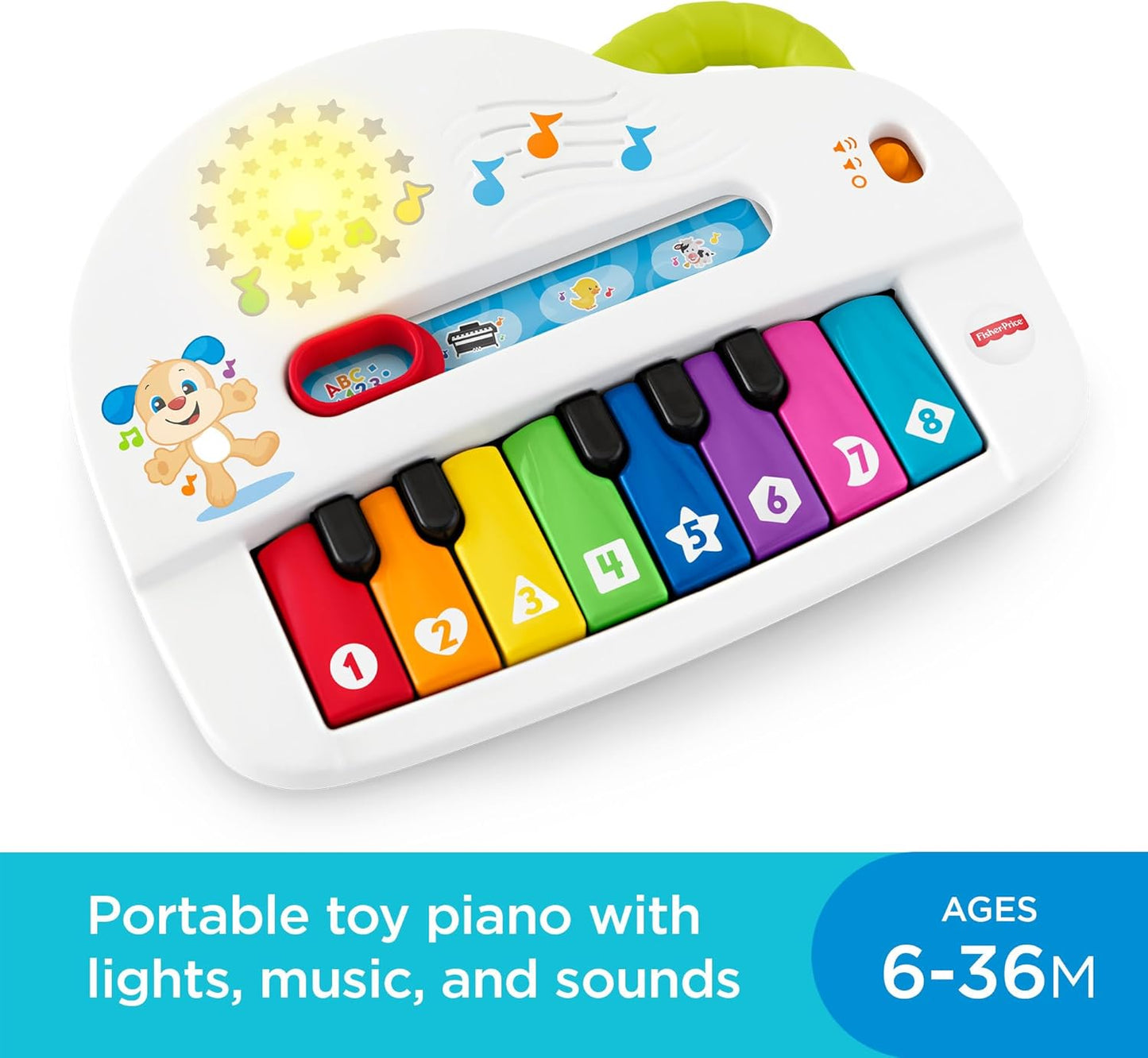 Piano de brinquedo Fisher-Price Silly Sounds com luzes - Edição em inglês do Reino Unido, piano portátil com luzes, notas musicais reais e músicas educativas para bebês e crianças pequenas, GFK04
