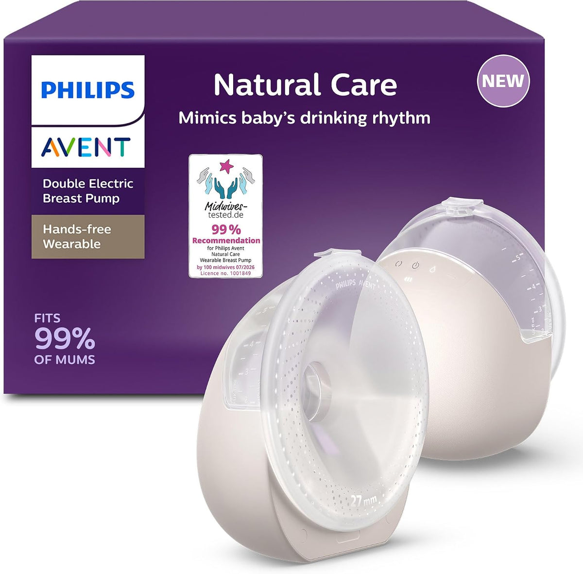 Philips Bomba tira-leite elétrica dupla, vestível e com as mãos livres Avent Natural Care – imita o ritmo de sucção do bebê, protetor mamário SkinSense para máximo conforto, potência de nível hospitalar, modelo SCF495/11