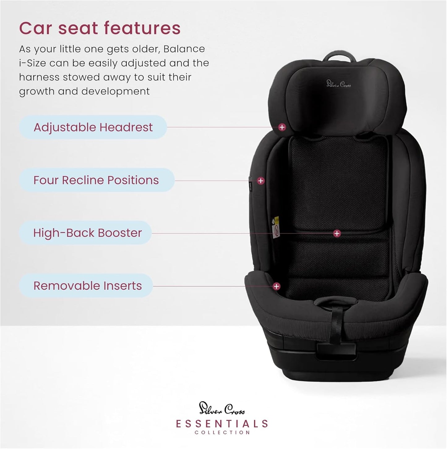 Silver Cross Cadeira Auto Essentials Balance i-Size - Cadeira Auto Infantil - Sistema Isofix - Cinto de Segurança de 5 Pontos - 15 Meses a 12 Anos - Preta