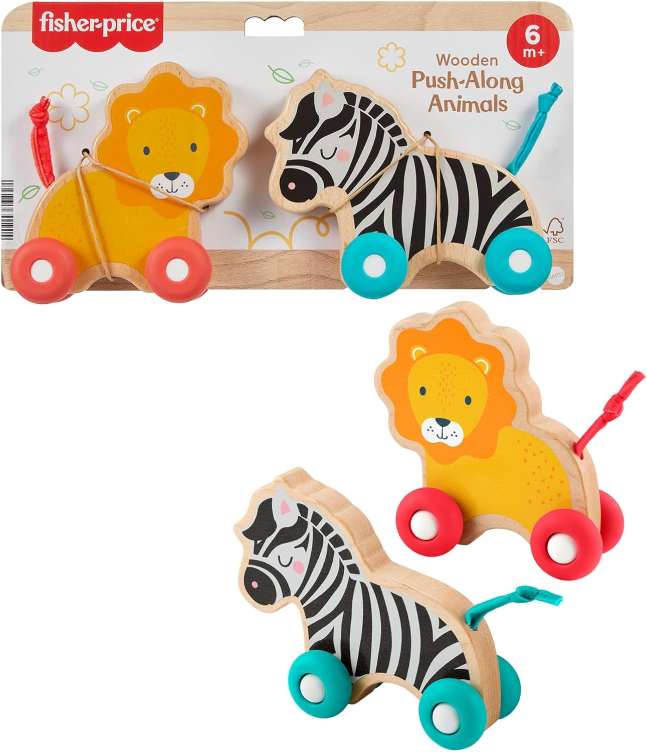 Fisher-Price Brinquedos de madeira para bebês, animais de empurrar, conjunto de 2 veículos de madeira com rodas de silicone para bebês a partir de 6 meses de idade, JFN19
