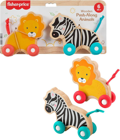 Fisher-Price Brinquedos de madeira para bebês, animais de empurrar, conjunto de 2 veículos de madeira com rodas de silicone para bebês a partir de 6 meses de idade, JFN19