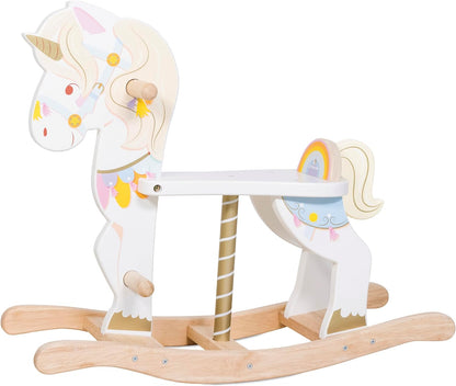 Le Toy Van - Petilou Madeira Multi-Sensorial Colorido Pastel de Madeira Balançando Unicórnio Brinquedo Carrossel Para Crianças | Cavalo de balanço unissex – adequado para crianças de 1 ano