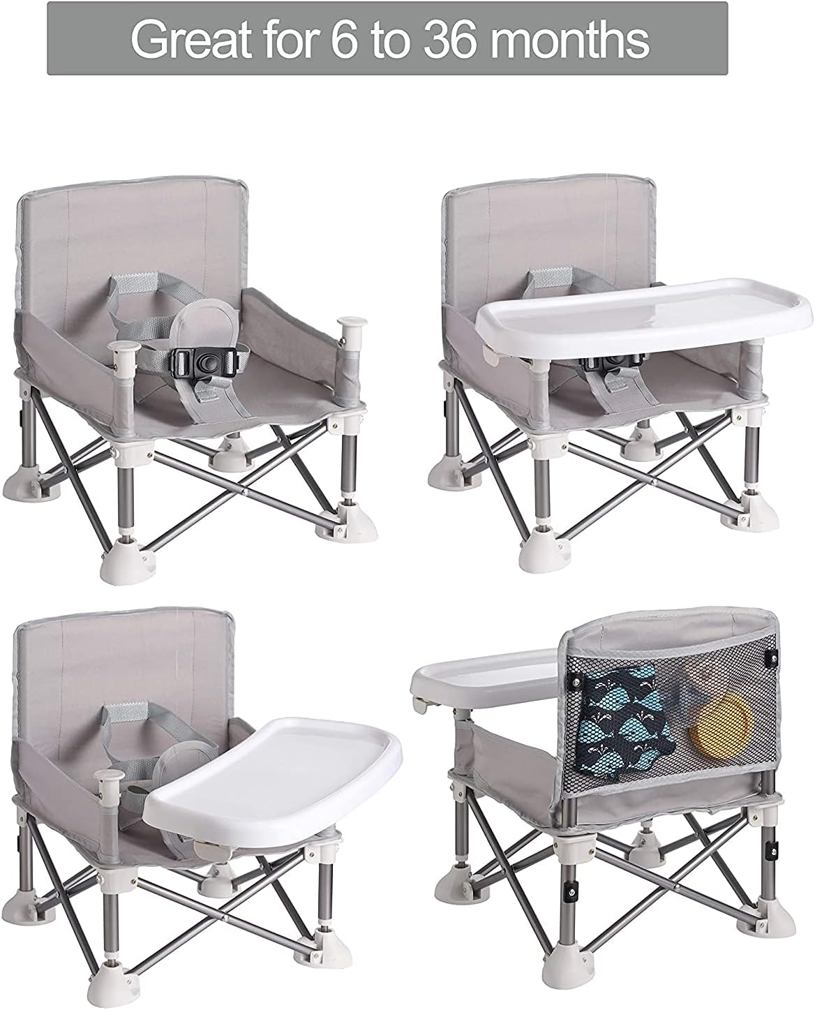 PandaEar Cadeira Alta Portátil para Bebês, Cadeira Alta de Viagem | Dobrável e Compacta com Alças para Uso Interno/Externo | Ideal para Camping, Praia, Jardim | Para Bebês, Crianças, Meninos e Meninas (Cinza com Tapete)