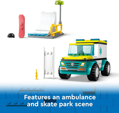 LEGO Ambulância de emergência urbana e brinquedos para veículos de snowboard para crianças de 4 anos ou mais, meninos e meninas com minifiguras de pensionistas e paramédicos, brinquedo de construção para brincadeiras imaginativas, ideia de presente 60403