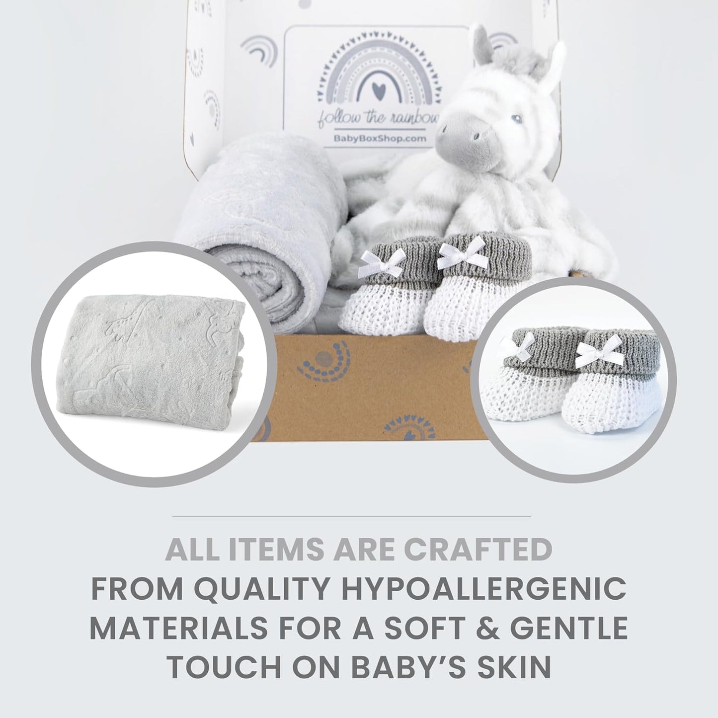 Baby Box Shop - Presentes personalizados para bebês - Cobertor de bebê personalizado e edredom de bebê zebra personalizado com botinhas de algodão cinza e branco, ideais para presentes de batizado