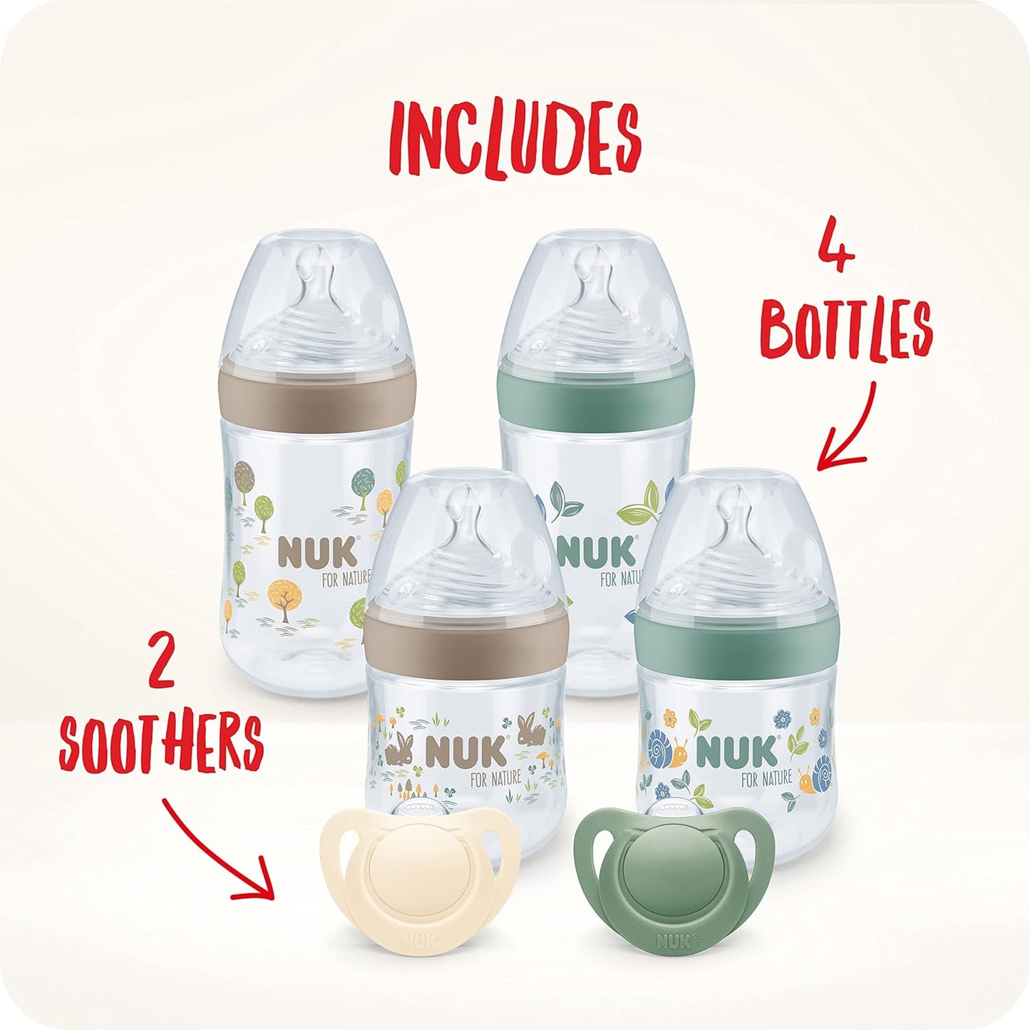 NUK Conjunto de mamadeiras e chupetas para Nature Perfect Start, 0 a 6 meses, matérias-primas 100% naturais, 4 mamadeiras (150 ml e 260 ml), 2 chupetas de silicone, sem BPA, 6 contagens