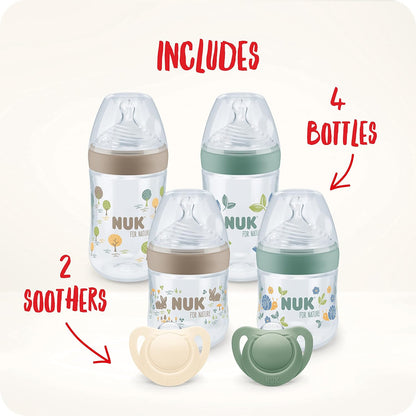 NUK Conjunto de mamadeiras e chupetas para Nature Perfect Start, 0 a 6 meses, matérias-primas 100% naturais, 4 mamadeiras (150 ml e 260 ml), 2 chupetas de silicone, sem BPA, 6 contagens