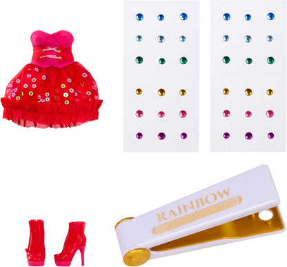 Rainbow High Be Dazzling - Vivienne Rouge - Boneca Fashion Vermelha de 28cm com Ferramenta para Aplicar Glitter, Pedras Brilhantes e Acessórios de Estilo