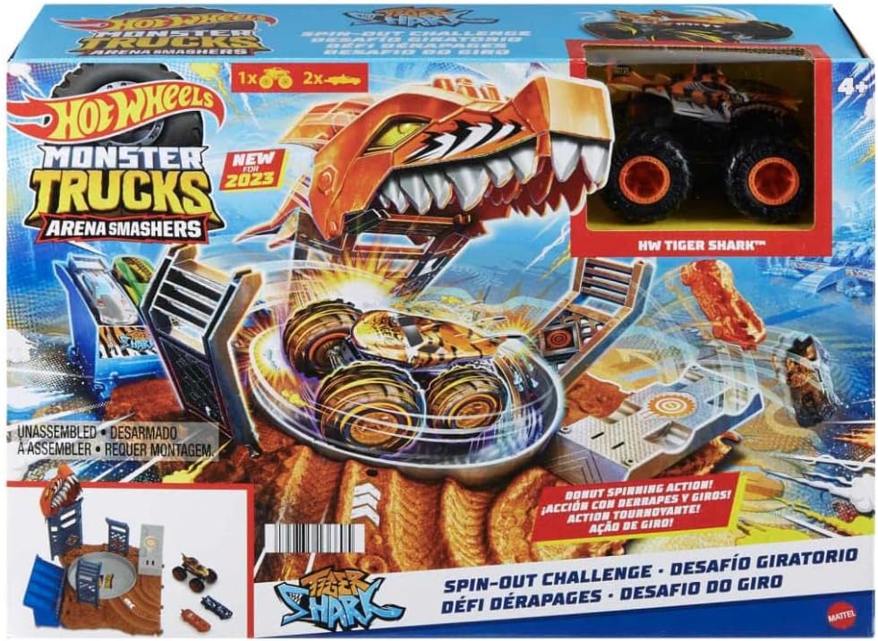 Hot Wheels Monster Trucks Arena Smashers Tiger Shark Spin-Out Challenge com um Tiger Shark em escala 1:64 e 2 carrinhos destrutíveis, HNB93