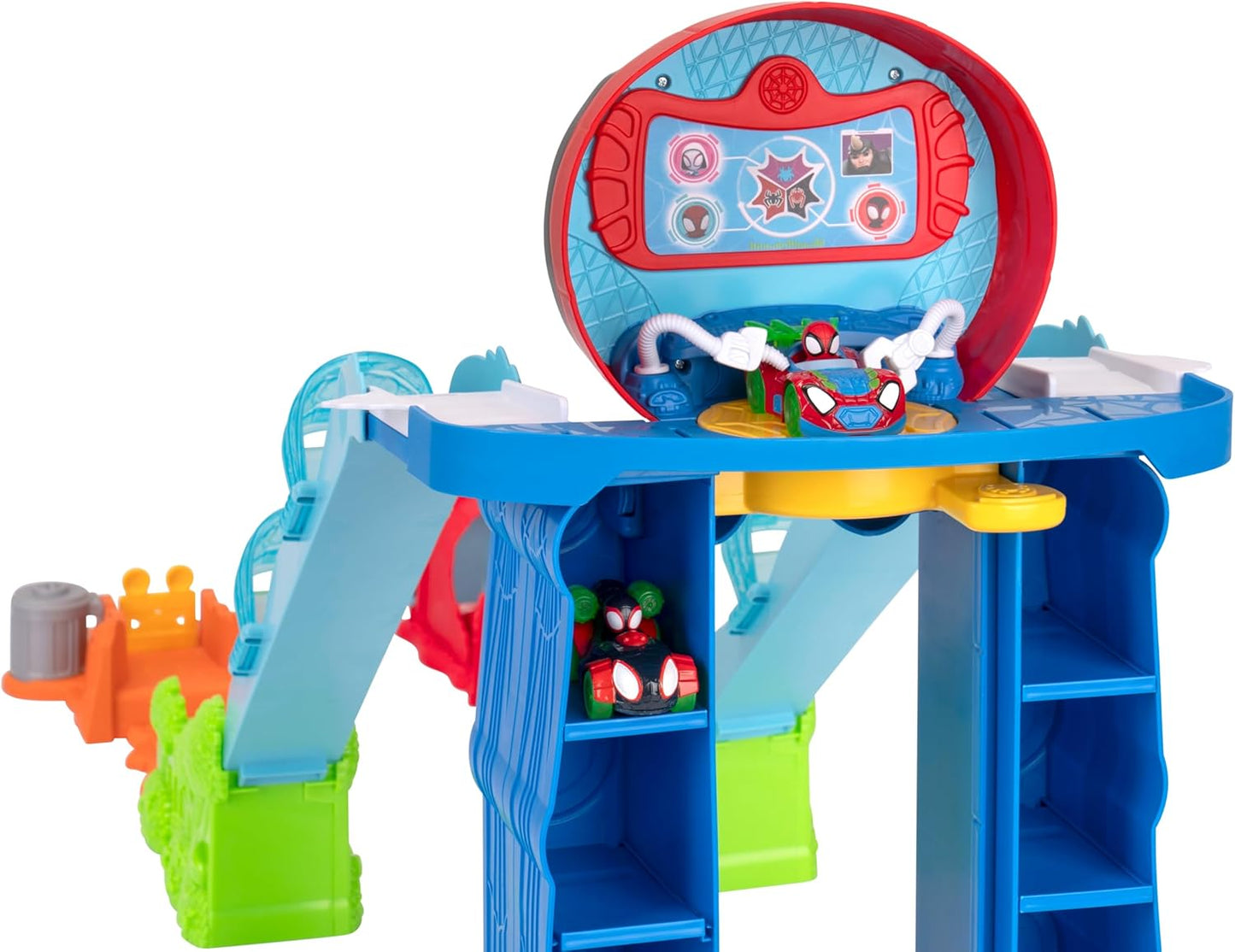 Homem-Aranha e seus Incríveis Amigos - Pista Mega Jump HQ do Homem-Aranha - Pista dupla de 99 cm com elevador, centro de controle, túneis de teia e dois veículos exclusivos da linha Amazing Metals.