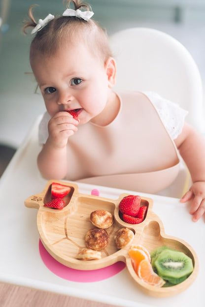 Juego de cuchara y plato de succión de bambú Moon and Moo Turtle para niños, niños pequeños y destete del bebé - No tóxico - Sin plástico - Permanece en su lugar - Plato de succión para bebé - Juego de destete para bebé (gris)