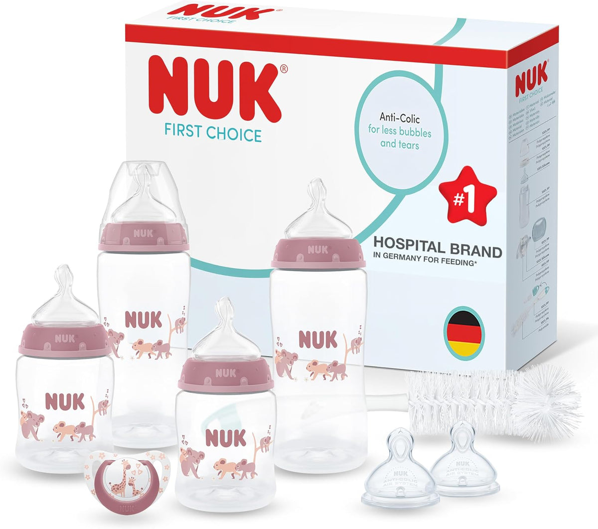 NUK Kit de Mamadeiras First Choice Perfect Start (Essenciais para Recém-nascidos) | 0-6 Meses | 4 Mamadeiras Anticólicas (150 ml, 300 ml), 2 Bicos, 1 Chupeta, 1 Escova de Limpeza | Koala | Conjunto com 8 Peças