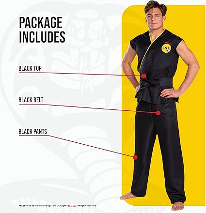 Disguise Traje adulto masculino cobra kai, oficial cobra kai gi para com faixa preta, tamanho adulto fantasias de tamanho adulto