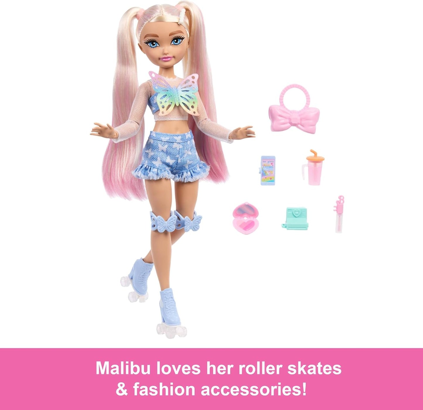 Barbie Dream Besties Boneca e Acessórios, Barbie “Malibu” Boneca Fashion Articulada de Patins com Cabelo Loiro, 9 Peças de Maquiagem Temáticas, JFX96