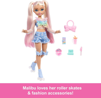 Barbie Dream Besties Boneca e Acessórios, Barbie “Malibu” Boneca Fashion Articulada de Patins com Cabelo Loiro, 9 Peças de Maquiagem Temáticas, JFX96