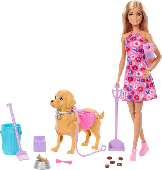 Barbie Conjunto de Brinquedo Cachorrinho Anda e Faz Cocô, Inclui Cachorro de Brinquedo que Anda e Faz Cocô, Boneca Malibu, Pá para Cocô e Acessórios para Pets, JJB46