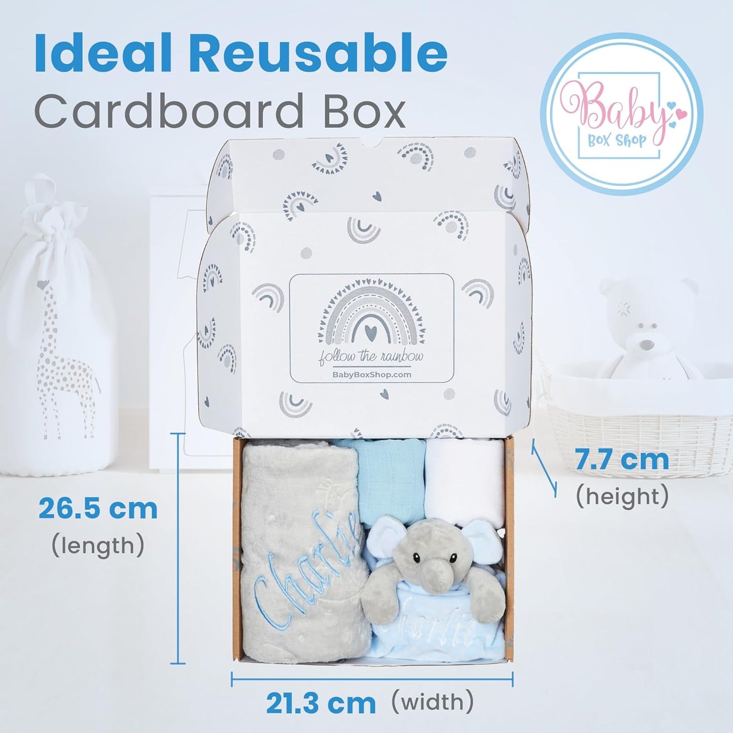 Baby Box Shop - Presentes personalizados para meninos, presente ideal para batizado: cobertor de lã, Baby Box Shop - 5 itens essenciais para recém-nascidos, ideais como presentes para chá de bebê e batizado, panos de musselina e presentes