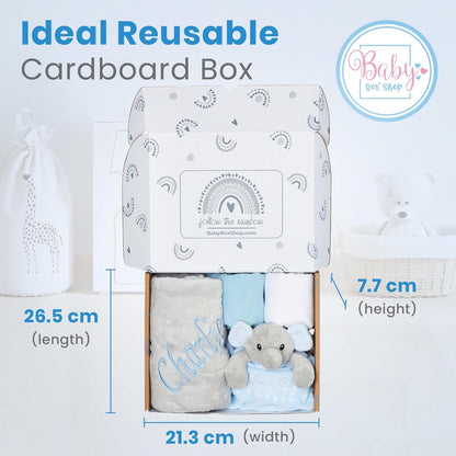 Baby Box Shop - Presentes personalizados para meninos, presente ideal para batizado: cobertor de lã, Baby Box Shop - 5 itens essenciais para recém-nascidos, ideais como presentes para chá de bebê e batizado, panos de musselina e presentes