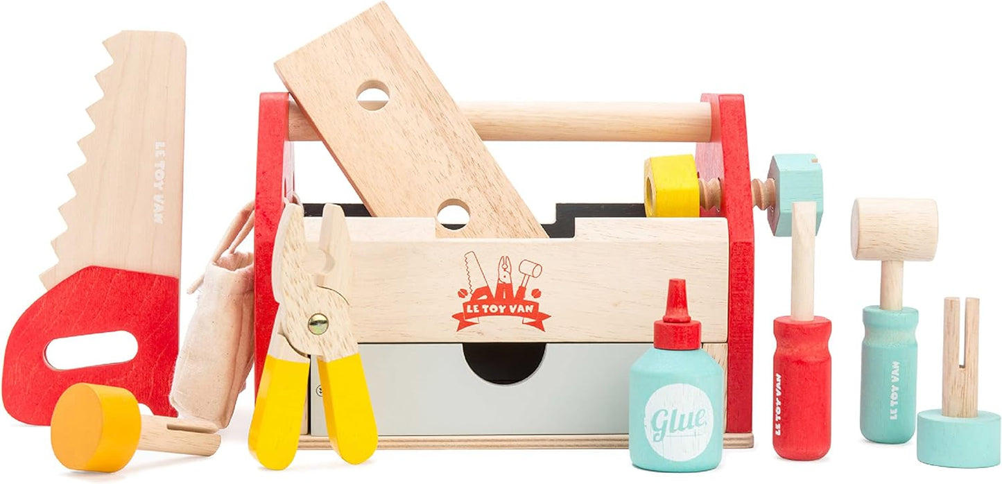 Le Toy Van - Carros e construção educacional Meu primeiro brinquedo de banco de ferramentas Conjunto de banco de ferramentas de madeira para dramatização | Finja brincar com ferramentas de madeira - adequado para crianças de 3 anos ou mais
