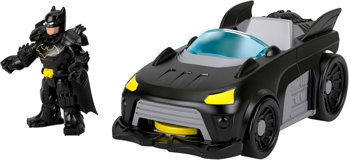 Fisher-Price Imaginext DC Super Friends Metal Force Batmóvel, Figura de Ação do Batman de 7,6 cm e Conjunto de Acessórios, Inclui Lançador e 2 Discos, JFJ68