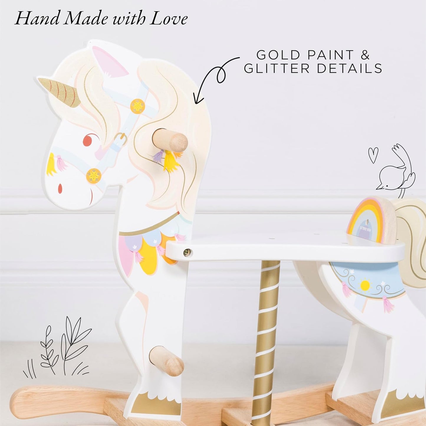 Le Toy Van - Petilou Madeira Multi-Sensorial Colorido Pastel de Madeira Balançando Unicórnio Brinquedo Carrossel Para Crianças | Cavalo de balanço unissex – adequado para crianças de 1 ano