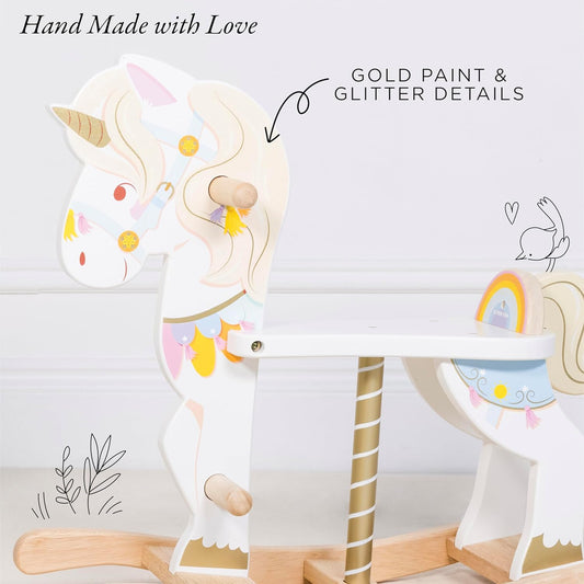 Le Toy Van - Petilou Madeira Multi-Sensorial Colorido Pastel de Madeira Balançando Unicórnio Brinquedo Carrossel Para Crianças | Cavalo de balanço unissex – adequado para crianças de 1 ano