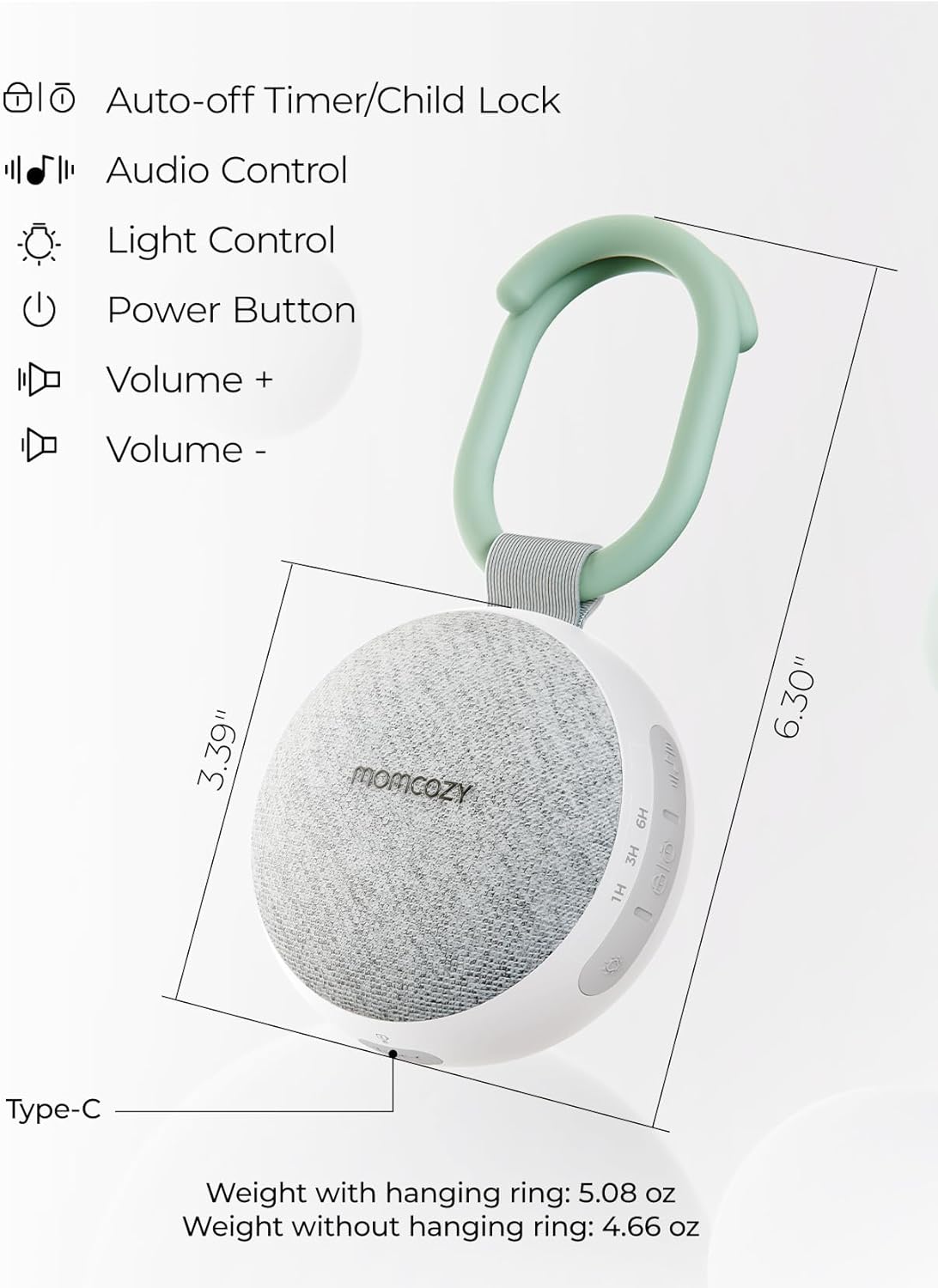 Momcozy Máquina de som portátil com luz noturna, máquina de som de ruído branco para bebês, 20 sons suaves, terapia sonora, potência duradoura, temporizador, clipes para carrinho, presentes para chá de bebê