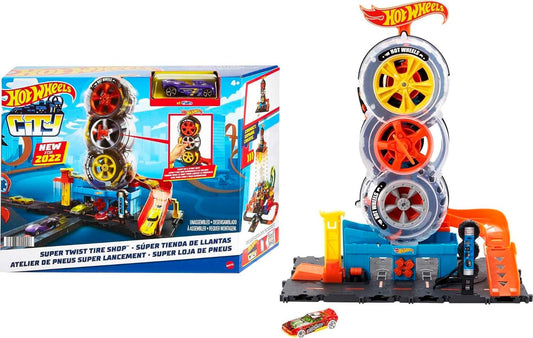 Hot Wheels Conjunto de jogos City Super Twist Tire Shop, gire a chave para fazer os carros viajarem pelos pneus, inclui 1 carro Hot Wheels, presente para crianças de 4 a 8 anos, HDP02