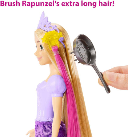 Boneca Rapunzel Disney Princess com apliques de cabelo que mudam de cor e acessórios de penteado