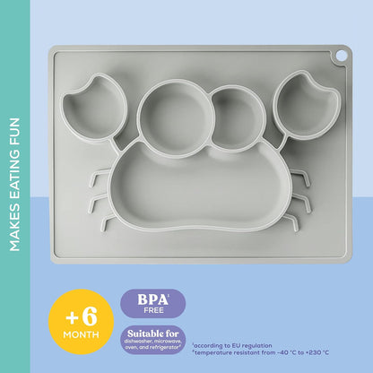 Dentistar Jogo americano de silicone - Prato para bebê 100% silicone de qualidade alimentar - Tapete para bebê de silicone antiderrapante - Seguro para micro-ondas, geladeira e forno - Sem BPA - Cinza