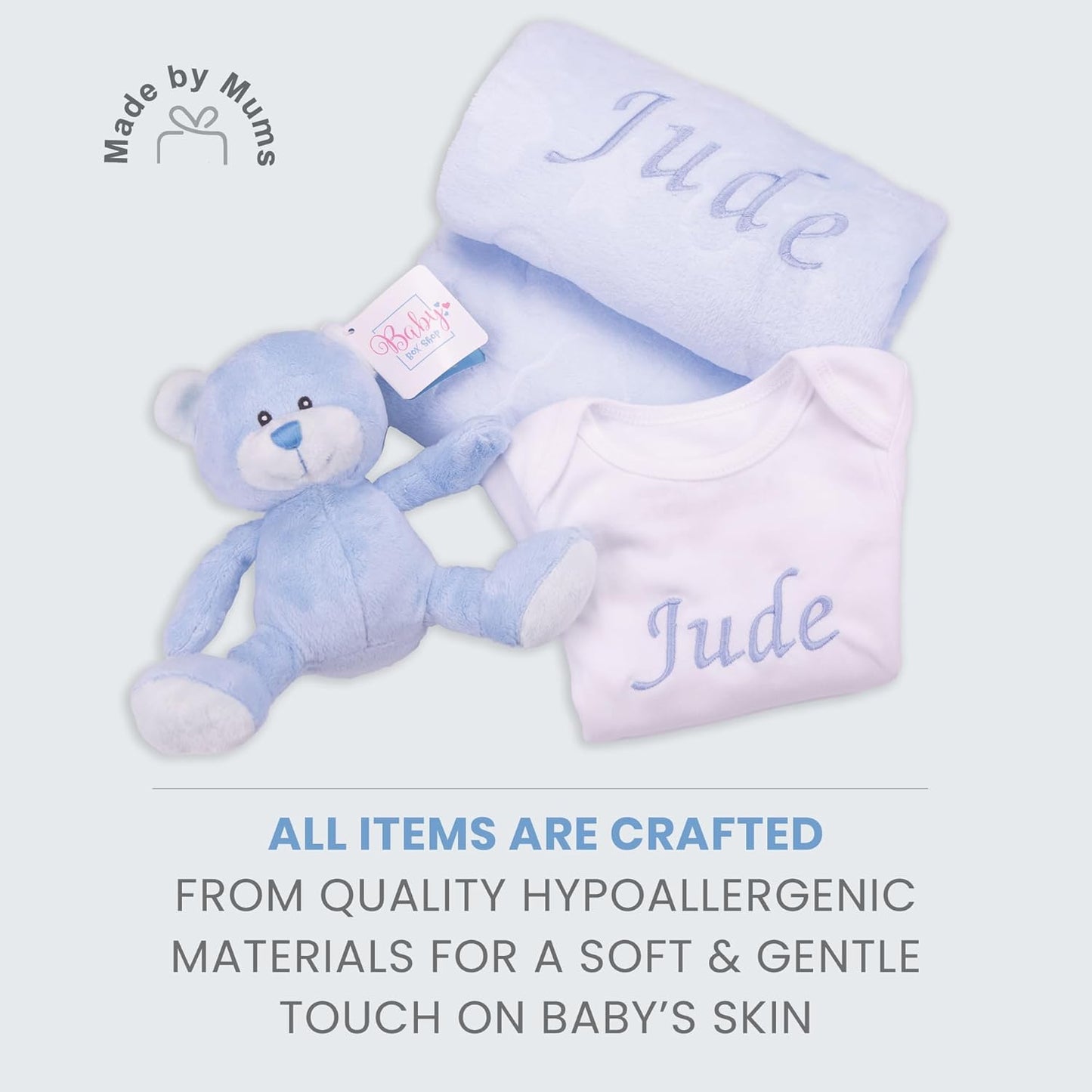 Baby Box Shop - Presentes personalizados para bebês unissex - Manta de bebê personalizada bege, azul, rosa e body de bebê personalizado com ursinho de pelúcia para bebê, ideal como presente de chá de bebê unissex e presente de batizado