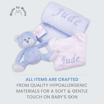 Baby Box Shop - Presentes personalizados para bebês unissex - Manta de bebê personalizada bege, azul, rosa e body de bebê personalizado com ursinho de pelúcia para bebê, ideal como presente de chá de bebê unissex e presente de batizado