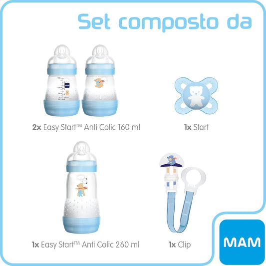 MAM Kit de presente Welcome to The World com 3 mamadeiras anticólicas, chupeta, prendedor de chupeta, azul claro