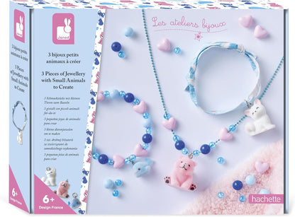 Janod - 3 Jewels to Create - Little Velvet Animals - 2 Bracelets + 1 Necklace - Creative Leisure Kit - Handmade Activity for Children - From 6 Years and Up - J09184