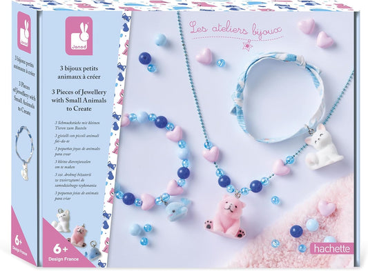 Janod - 3 Jewels to Create - Little Velvet Animals - 2 Bracelets + 1 Necklace - Creative Leisure Kit - Handmade Activity for Children - From 6 Years and Up - J09184