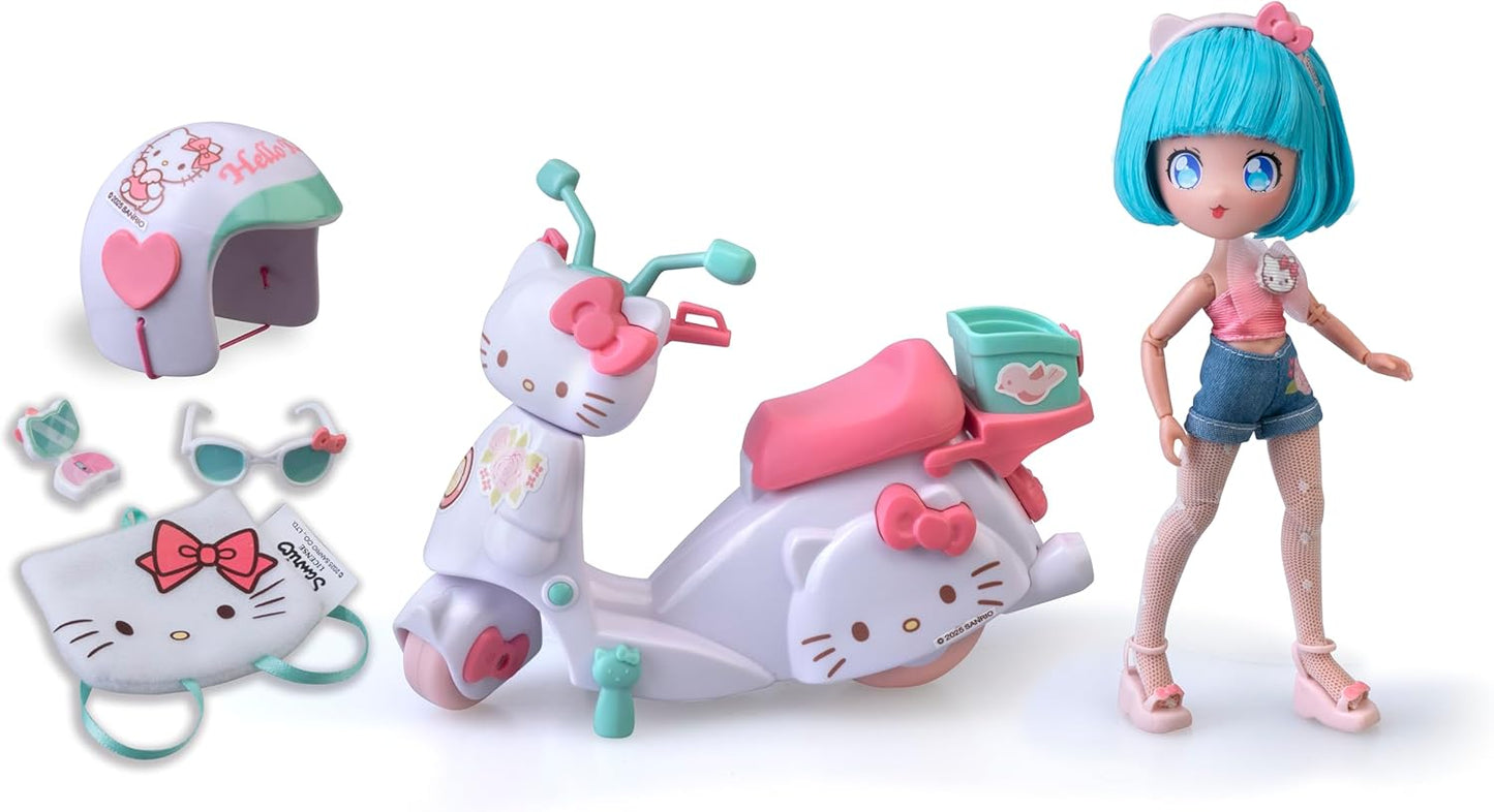 Hello Kitty Famosa 4SF Hello Kitty Linda Scooter Rosa, Boneca Fashion Japonesa com Motocicleta, Figura de 19,5 cm com 15 Pontos de Articulação, Inclui Capacete e Bolsa, Vestindo Top com Micro Shorts (HKTF3000)