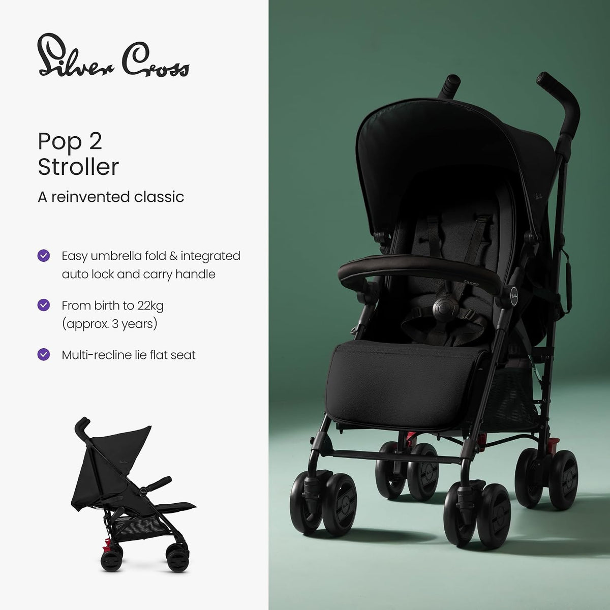 Silver Cross Carrinho de Bebê  Pop 2 com Protetor de Pés - Carrinho de Viagem Dobrável - Assento Ajustável/Reclinável - Recém-nascido até 4 Anos - Espaçoso