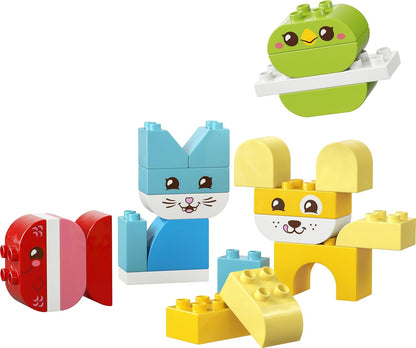 LEGO DUPLO 3 em 1 Bichinhos Criativos e Fofos - Brinquedo Educativo para Desenvolvimento da Coordenação Motora Fina em Crianças - Figuras de Animais, incluindo Cachorro, Gato, Pássaro e Peixe - Presente de Aniversário para Bebês,