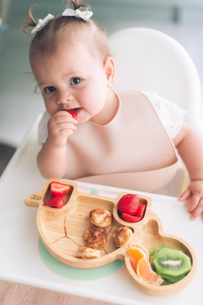 Juego de cuchara y plato de succión de bambú Moon and Moo Turtle para niños, niños pequeños y destete del bebé - No tóxico - Sin plástico - Permanece en su lugar - Plato de succión para bebé - Juego de destete para bebé (gris)