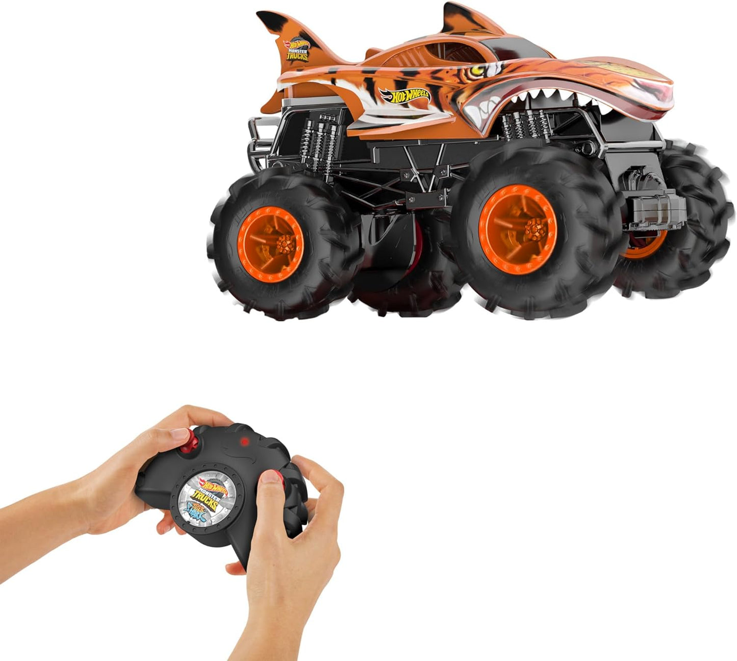 Hot Wheels Monster Trucks, carro de controle remoto HW Tiger Shark na escala 1:24, com pneus para todos os terrenos, controle remoto completo, HNV03