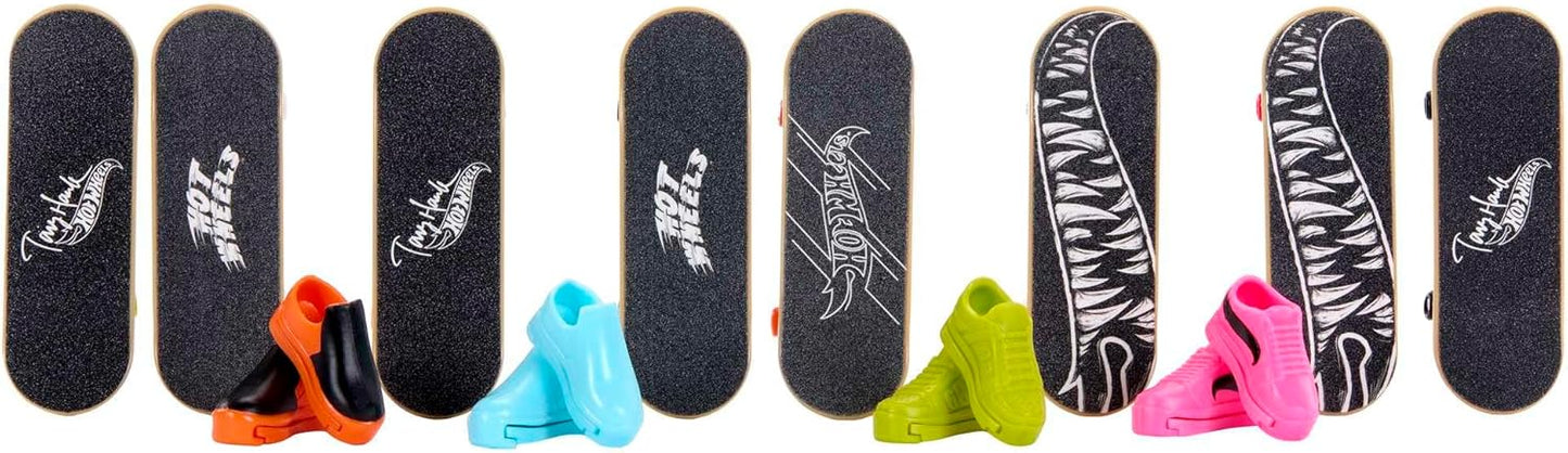 Hot Wheels Skate, 8 skates de dedo totalmente montados com tema Tony Hawk e 4 pares de tênis de skate, 1 conjunto exclusivo, pacote com 8 unidades, HMY19