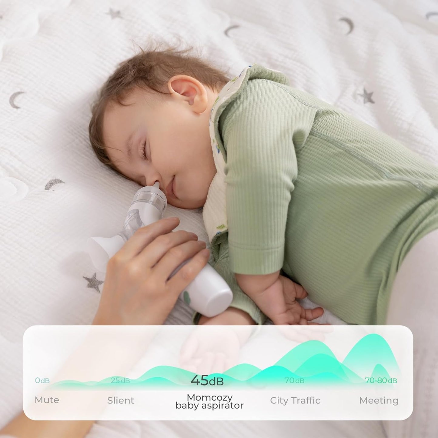 Momcozy Aspirador Nasal Elétrico 2 em 1 BreezyClear™ para Bebês com Spray, Sucção de Nível Hospitalar de 65kPa, 4 Níveis Ajustáveis, Silencioso e Portátil com Luz e Música Suaves.