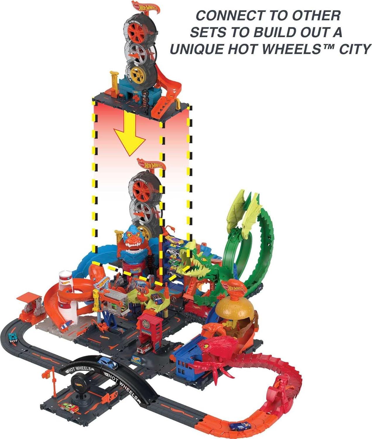 Hot Wheels Conjunto de jogos City Super Twist Tire Shop, gire a chave para fazer os carros viajarem pelos pneus, inclui 1 carro Hot Wheels, presente para crianças de 4 a 8 anos, HDP02