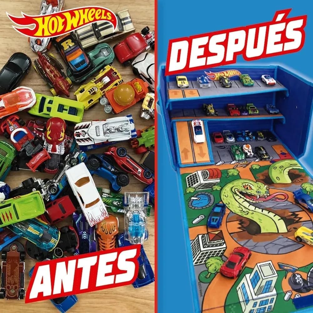 Hot Wheels Caixa de Garagem com Tapete de Brincar - 3 em 1 Caixa de Armazenamento Dobrável para Carrinhos com Pistas de Velocidade | Armazenamento para Carrinhos de Brinquedo (Carrinhos Não Inclusos)
